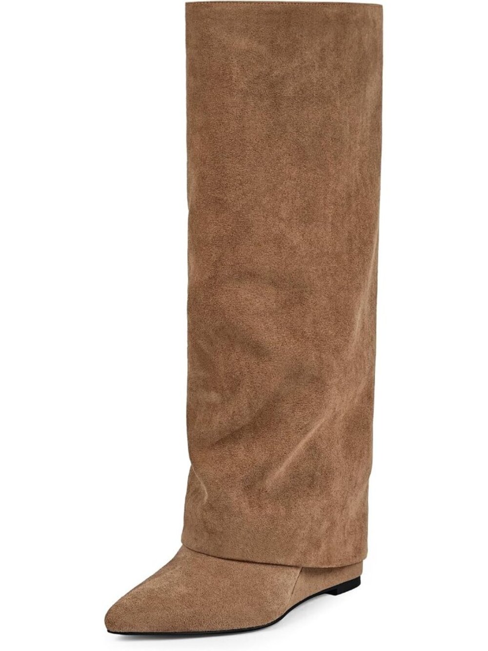 Women's Camel Faux Suede Fold Over Wedge Heel Side Zipper Shark Knee High Boots
